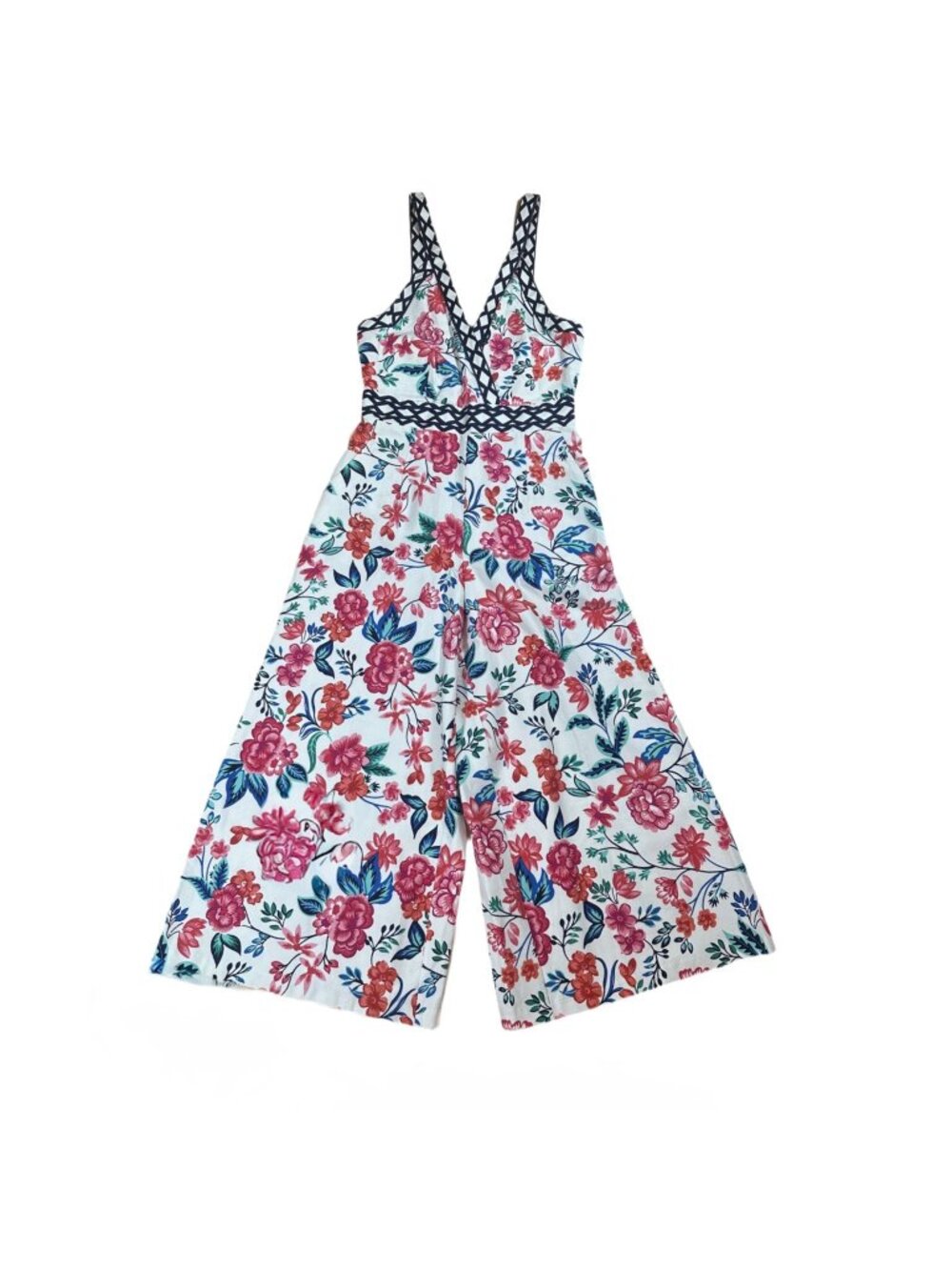 Eliza J White Floral Wide Leg Jumpsuit 8 V-Neck Cotton Blend Romper Wedding - Picture 4 of 9